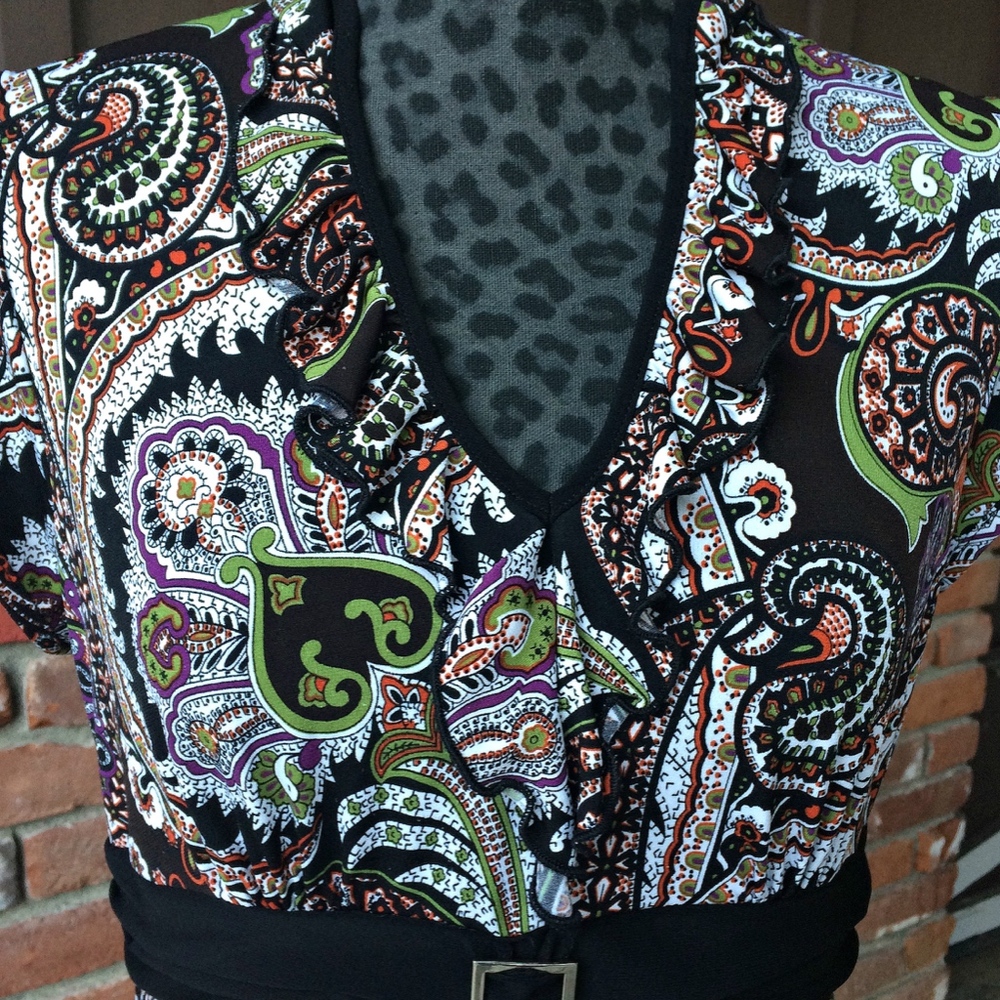 GNW Multi Color Ruffle V-Neck Paisley Blouse  - Size Medium - Picture 5 of 8